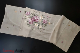 Pink organza silk scarf hand-embroidered with peony 50*200 cm